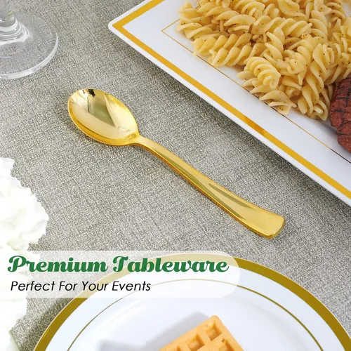Miniatura 5 de FOCUSLINE Paquete de 300 cucharas desechables de plástico dorado de 6.8 pulgadas, cucharas de plástico sólido y duradero, cubiertos desechables