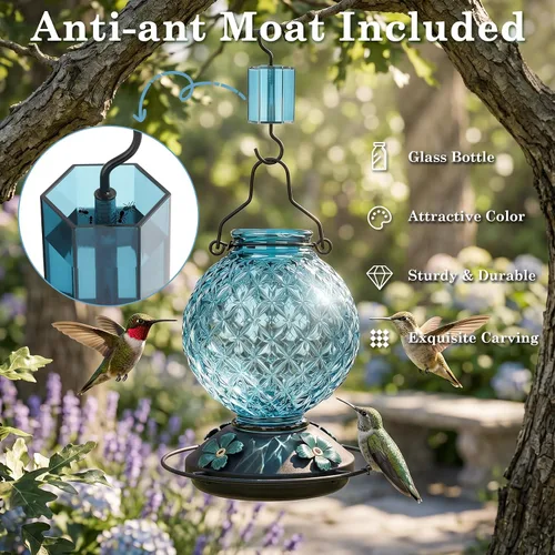 Miniatura 2 de 25 OZ Glass Hummingbird Feeder for Outdoors, Leak Proof Hummingbird Feeder with Ant Moat, 4 Bee Resistant Feeding Ports, Easy Clean Wide Mouth