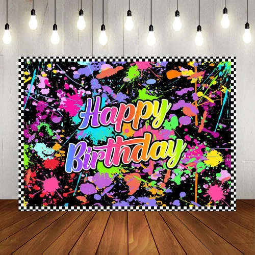 Miniatura 10 de Lofaris Fondo de feliz cumpleaños para fiesta que brilla en la oscuridad, fondo de fotografía de graffiti con salpicaduras de neón, suministros