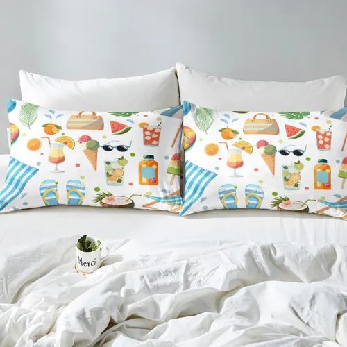Miniatura 5 de Castle Fairy Juego de sábanas bajeras de verano con diseño botánico de hojas de palma, tamaño individual, diseño de acuarela, lindas frutas