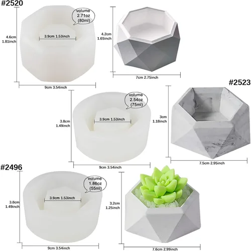 Miniatura 2 de Funshowcase Moldes de silicona de geometría facetada, 3 unidades para resina epoxi, hormigón, arcilla, suculenta, tazón, cenicero, vela, jabón