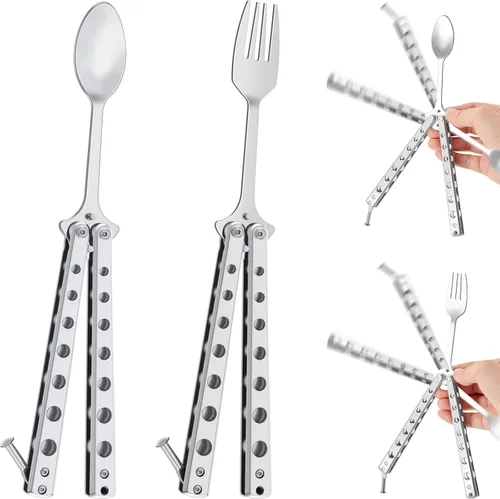 Miniatura 9 de Flutesan Juego de 2 Piezas de Tenedor y Cuchara Mariposa, Cuchara Táctica Mariposa Plegable de Acero Inoxidable Conjunto de Utensilios Spork