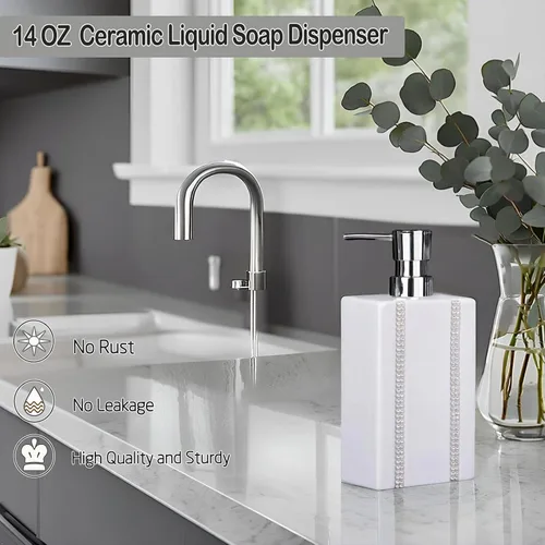 Miniatura 4 de Dispensador de jabón de mano de 18 onzas líquidas y loción, botella de cerámica blanca para cocina, baño, encimera, lavandería, capacidad