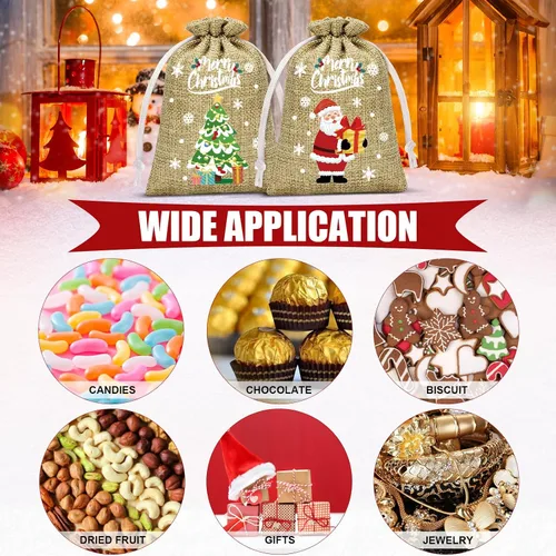 Miniatura 5 de FLOE 72 piezas Bolsas de regalo de Navidad de arpillera con cordón, bolsas de lino de Navidad con cordón para golosinas, bolsas de regalo de Navidad
