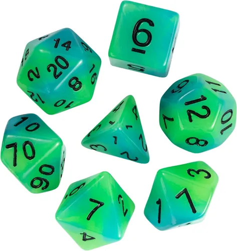 Miniatura 9 de Dados DND que brillan en la oscuridad, 7 piezas de troqueles poliédricos luminosos con bolsa de troquel de cuero, dados D&D brillantes