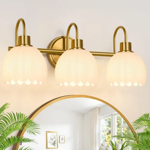 Miniatura 23 de Juego de 2 lámparas de tocador de baño en oro cepillado, lámpara de pared de cabeza única con pantalla de vidrio verde acanalado