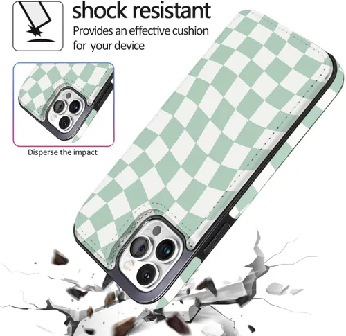 Miniatura 6 de Funda para iPhone 12/12 Pro de 6.1 pulgadas, cartera de cuero con tapa y tapa de cuero verde a la moda, diseño de tablero de ajedrez con ranuras