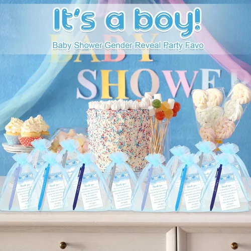 Miniatura 6 de Chuangdi Juego de 50 bolígrafos de baby shower, recuerdos para invitados, bolígrafos con texto en inglés "It's a Boy Girl", tarjetas de Azul