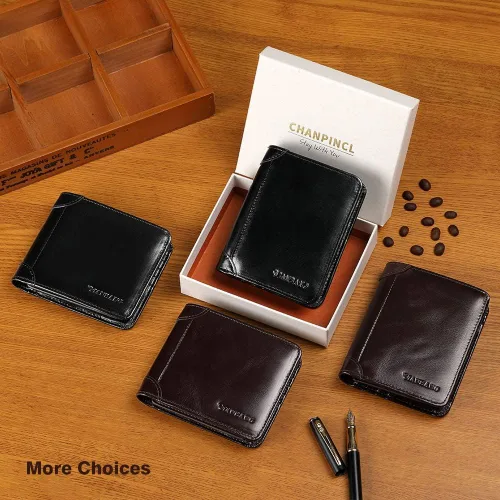 Miniatura 6 de CHANPINCL Billetera de piel triple con bloqueo RFID para hombre con 2 ventanas de identificación, 2 compartimentos para efectivo, 6-8 ranuras