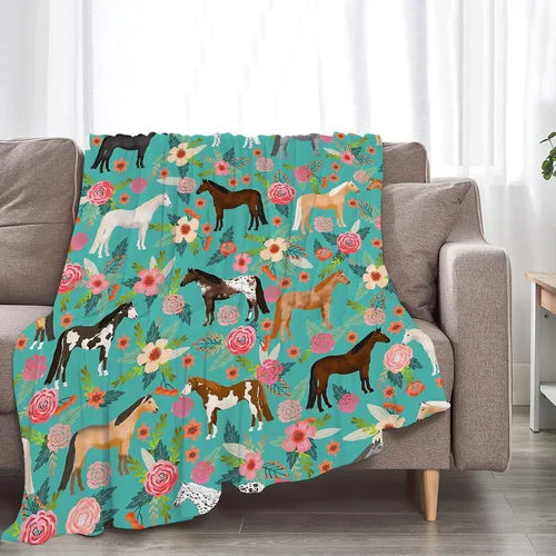 Miniatura 7 de Manta con estampado de caballos, con patrón de caballos y flores, para niñas, niños y adultos, súper cálida, suave y acogedora, manta de franela