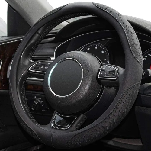 Funda de volante de 14 pulgadas, para Prius, Civic, S, (14-14.25 pulgadas) - Cuero de microfibra negra transpirable, antideslizante, accesorios para