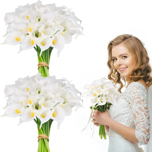 Jexine Ramo de flores artificiales de lirio blanco de 13 pulgadas, ramo de boda, flores de látex artificiales de tacto realista para decoración de
