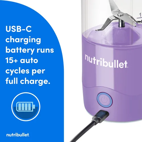 Miniatura 3 de nutribullet Licuadora portátil, inalámbrica, recipiente de 20 onzas, licuadora personal, USB-C recargable, morado claro, NBPB50100LP Púrpura claro