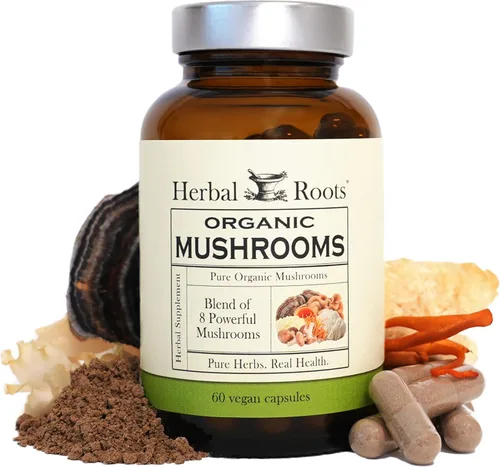 Herbal Roots Cápsulas orgánicas de suplemento de mezcla de hongos 8 - Extractos corporales 100% fructíferos - Bienestar e inmunidad - 60 cápsulas