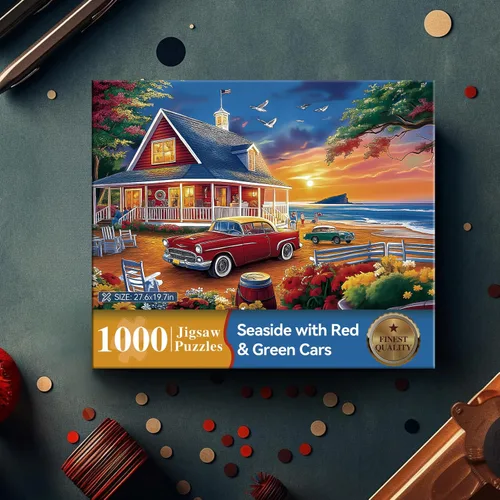 Miniatura 5 de Rompecabezas de 1000 piezas para adultos – Casa costera con camión rojo, rompecabezas vintage de casa de playa escénica de 1000 piezas, regalo