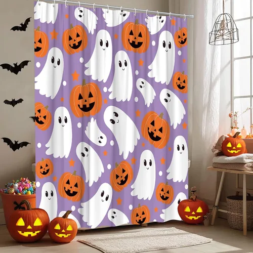 Miniatura 10 de Bonita cortina de ducha fantasma de Halloween, calabaza espeluznante, divertida tela de dibujos animados para decoración de baño, bañera con ganchos
