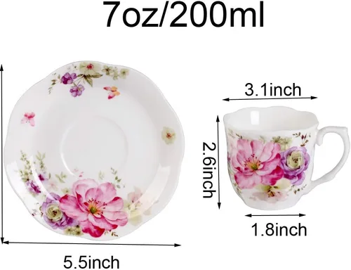 Miniatura 5 de GuangYang Juego de 6 tazas de té y platillos de porcelana de 7 onzas, diseño floral rosa, elegante juego de regalo para amantes del té, café