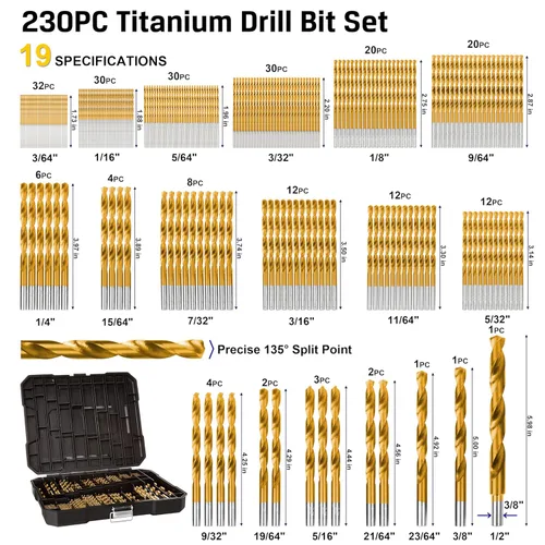 Miniatura 4 de Juego de 230 brocas helicoidales de titanio, acero de alta velocidad con punta de 135°, tamaño de 3/64" hasta 1/2", ideal para perforación