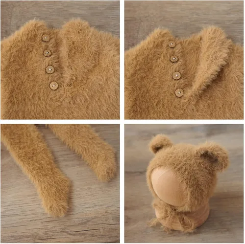 Miniatura 6 de Zeroest Accesorios de fotografía para recién nacidos, trajes de niño, accesorios para fotos de oso y niña, gorro con pies, mameluco de manga Marrón