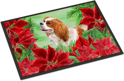 Caroline's Treasures CK1311MAT Cavalier Spaniel Poinsettas - Felpudo de 18 x 27 pulgadas, tapete para puerta delantera, interior y exterior, para