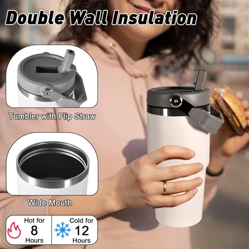 Miniatura 3 de Vaso de 20 onzas con asa, vaso aislado con tapa y popote abatible a prueba de fugas, de acero inoxidable de doble pared, taza de café de viaje
