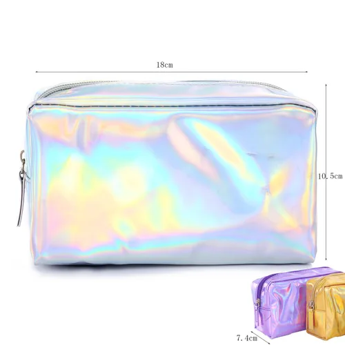 Miniatura 2 de Bolsa de maquillaje holográfica de piel sintética, bolsa de cosméticos, impermeable, organizador de artículos de tocador, bolsa para bolígrafos