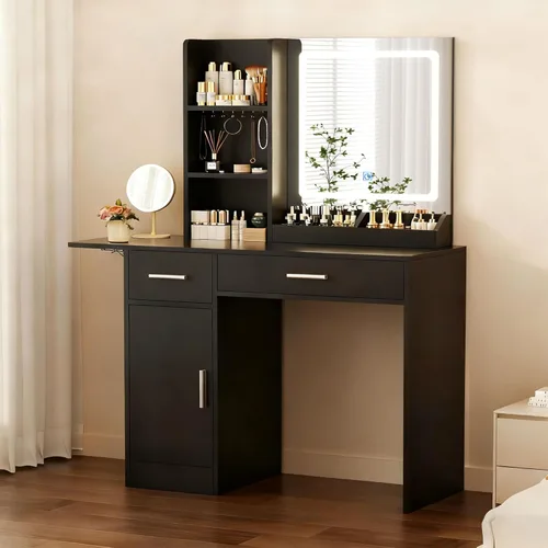 Miniatura 8 de ERLEJIA Escritorio de tocador con espejo y luces, 39.37 pulgadas, 4 cajones, escritorio de maquillaje sin taburete, escritorio extra plegable con 3