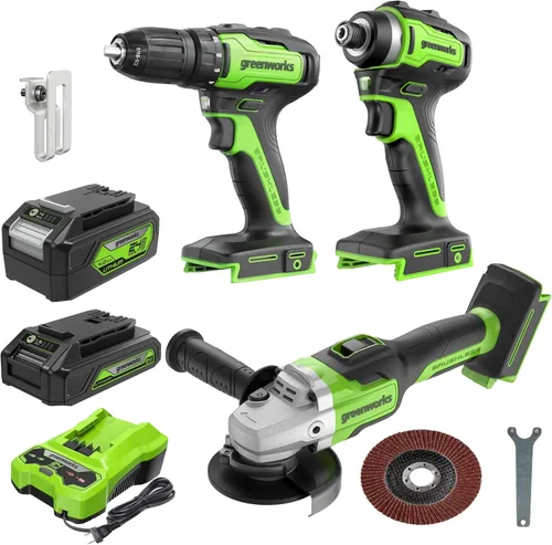 Miniatura 23 de Greenworks - Taladro de impacto inalámbrico de 24 V y kit de luz de trabajo 2 en 1 con 2 baterías de 2 Ah y cargador – Sin escobillas, liviano