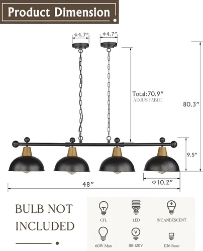 Miniatura 4 de FEMILA 4FG60-4LP BK - Luces de mesa de billar de 4 luces para mesa de 7 pies/8 pies, lámpara de mesa de billar moderna de 48 pulgadas, lámpara