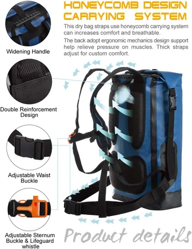 Miniatura 2 de IDRYBAG Mochila impermeable para hombres 20L/30L/40L, bolsa seca flotante para kayak, mochila seca para senderismo Azul