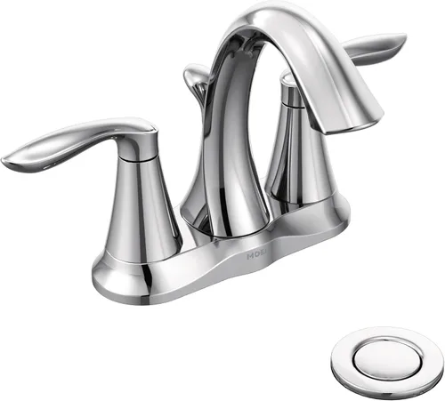 Moen Eva Grifo de Lavabo de Baño Cromado de Dos Manijas Centerset con Ensamble de Drenaje para Configuraciones de Instalación de 3 Orificios, 6410