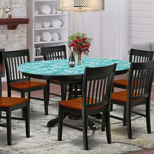Miniatura 2 de XISUNYA Mantel ajustable ovalado de poliéster con bordes elásticos, color azul claro, estampado de palmeras de verano tropicales, se adapta a mesas