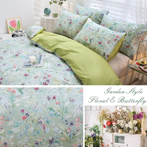 Miniatura 5 de URBONUR Juego de funda de edredón con diseño floral verde, tamaño King, 100% algodón egipcio, juego de ropa de cama con estampado de mariposas Verde