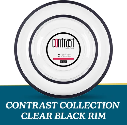 Miniatura 6 de Blue Sky Contrast Collection - Juego de platos combinados transparentes con borde negro, (7 pulgadas, 16 unidades y 10 pulgadas, 16 unidades)