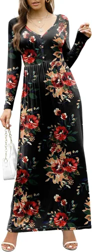Miniatura 3 de GRECERELLE Vestido largo para mujer, manga larga, cuello en V, casual, con botones, estilo bohemio, con bolsillos
