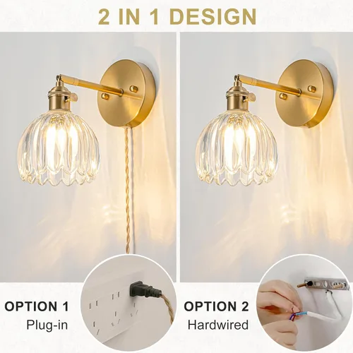 Miniatura 8 de Juego de 2 apliques de pared enchufables, apliques de pared vintage con pantalla de cristal transparente de tulipán, aplique de pared