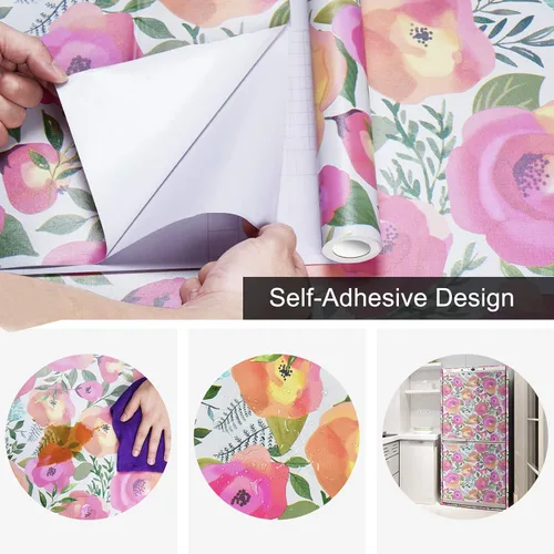 Miniatura 6 de WENMER Papel tapiz floral para despegar y pegar de 17.7 x 118 pulgadas, acuarela decorativa de flores rosas durazno, extraíble, para tocador