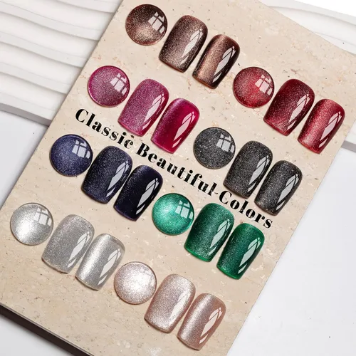 Miniatura 8 de YTD Likomey Juego de esmaltes de uñas de gel Cat Eye, 8 colores de verano con purpurina magnética de cristal con barra magnética, plateado, verde