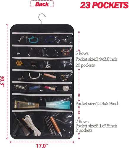 Miniatura 3 de DIOMMELL Organizador de joyería colgante con 47 bolsillos con cremallera para aretes, collar, pulsera, anillo, bolsa de almacenamiento