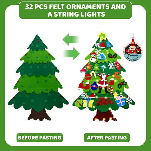 Miniatura 2 de Onekka Árbol de Navidad de fieltro para niños pequeños con 32 adornos desmontables + calendario de Adviento de muñeco de nieve, 3.2 pies, mi primer