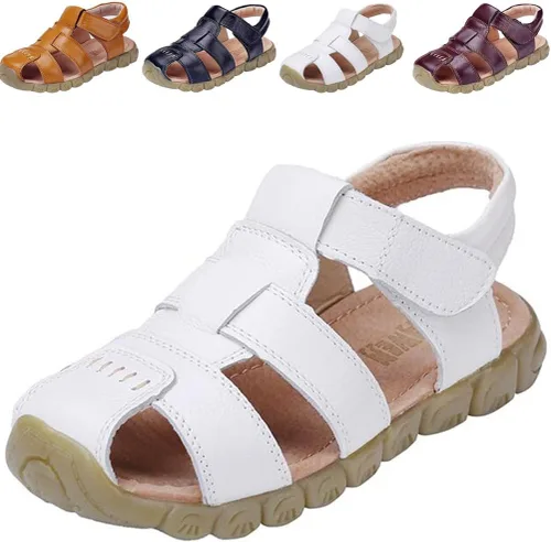 DADAWEN - Sandalias deportivas de cuero para niños y niñas, puntera cerrada, para exteriores (para bebés, niños pequeños y grandes)