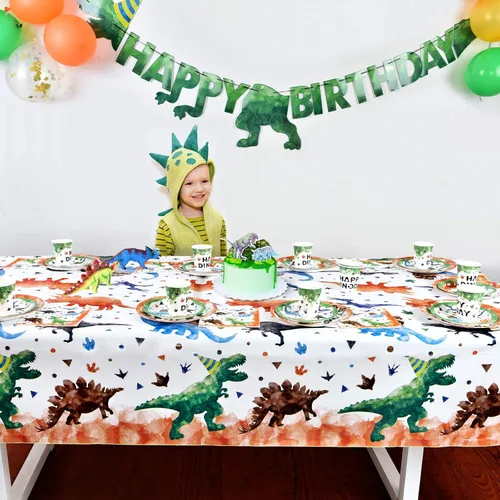 Miniatura 4 de WERNNSAI 1 mantel de dinosaurio – Decoración de cumpleaños de dinosaurios Tres Rex, mantel de dinosaurio para niños, baby shower, suministros
