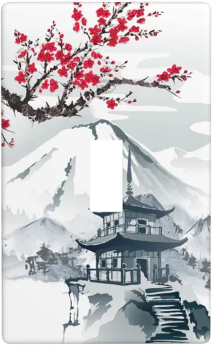 Miniatura 11 de Placa de pared para interruptor de luz de palanca, torre de montaña con diseño de cerezo japonés, cubierta de doble interruptor, tamaño de 2 bandas