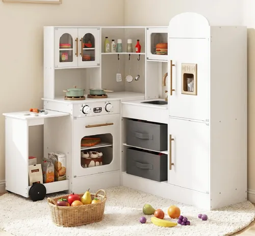 Miniatura 12 de INFANS Cocina esquinera para niños, juego de madera con carrito telescópico, luces realistas, sonidos, máquina de hielo, cajones de tela, horno