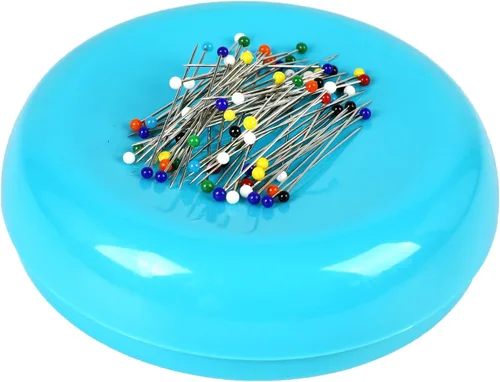 Cojín magnético para alfileres con 100 alfileres de cabeza de plástico, soporte magnético para alfileres para costura y acolchado (Azul)