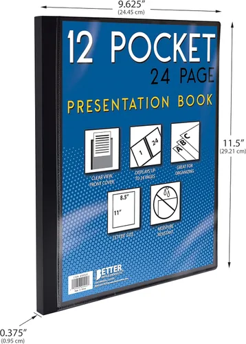 Miniatura 6 de Better Office Products Libro de presentación encuadernado con 12 bolsillos, colores surtidos, cubierta frontal transparente, 24 páginas protectoras