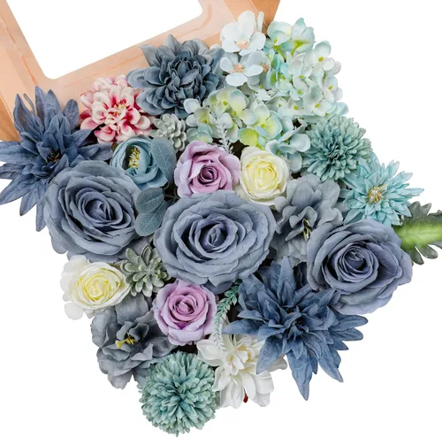 AmyHomie - Juego de flores artificiales azules, mezcla de seda, peonía, rosa, hortensia, flores falsas con tallo para bricolaje, ramos de boda,