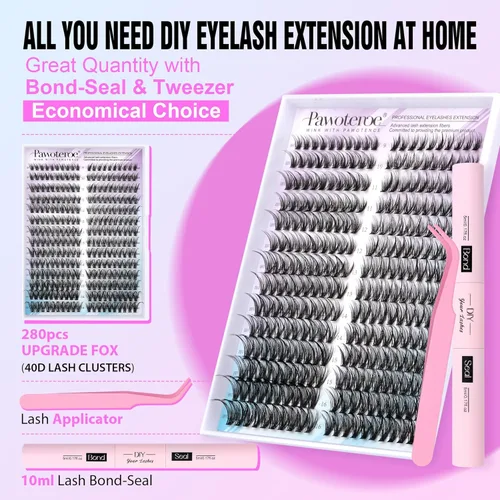 Miniatura 2 de Kit de racimos de pestañas Pawotence, kit de extensión de pestañas ojo de gato, kit de extensiones de pestañas en racimo 9-16mm, 40D, pestañas