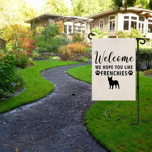Miniatura 6 de PWHAOO Bandera de jardín de Frenchie Bandera de bulldog francés, bandera de bienvenida con texto en inglés "Welcome We Hope You Like Frenchies F