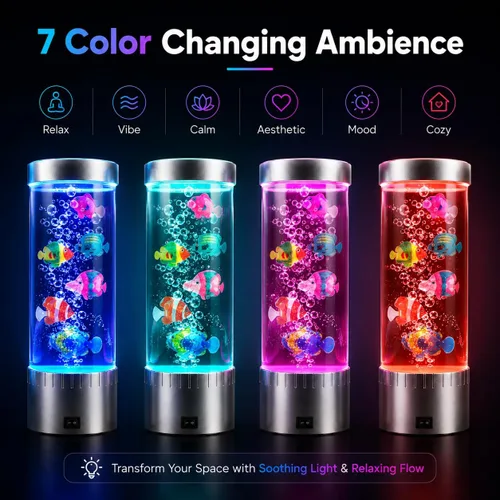 Miniatura 5 de Lámpara de medusas con luces LED RGB que cambian de color, lámpara de tanque de peces de burbujas con peces artificiales de natación, luz nocturna